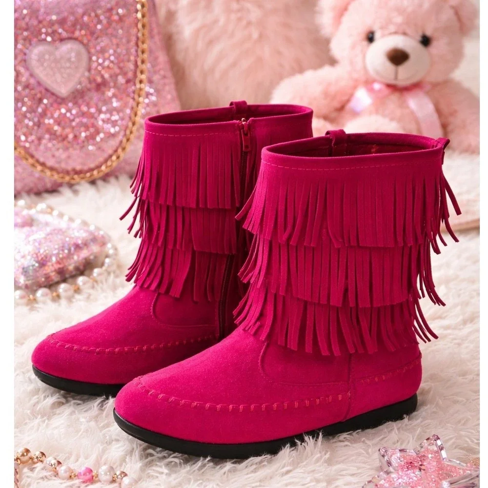 Fuchsia Pink Suede Fringe Moccasin Boots Youth Girls SZ 4 Side Zip Tassel NEW